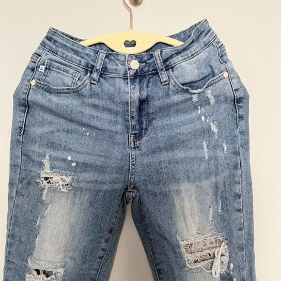 JUDY BLUE Jeans 5 / 27 Lace Patch Mid Rise Distressed Skinny Light Wash JB88432 - Picture 4 of 16